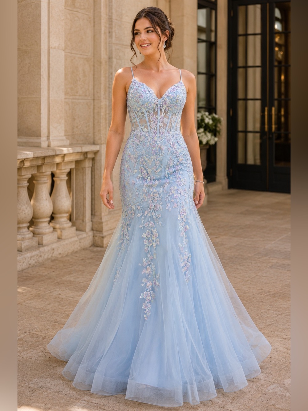Fiesta Fashion 10293 Blue Floral Sequin Corset Mermaid Prom Dress Size Large